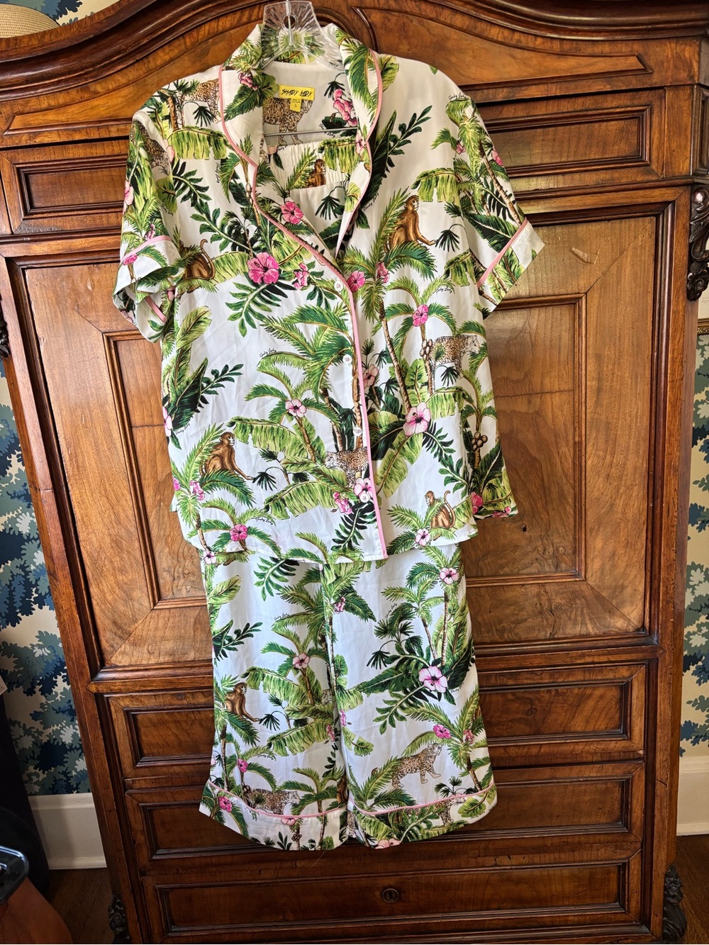 Shady Lady Tropical Pajama Set Monkeys & Palms & Hibiscus Flowers Women’s Large